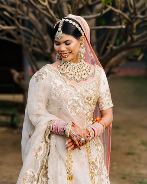 Cream Zardozi Lehenga in Dora Silk