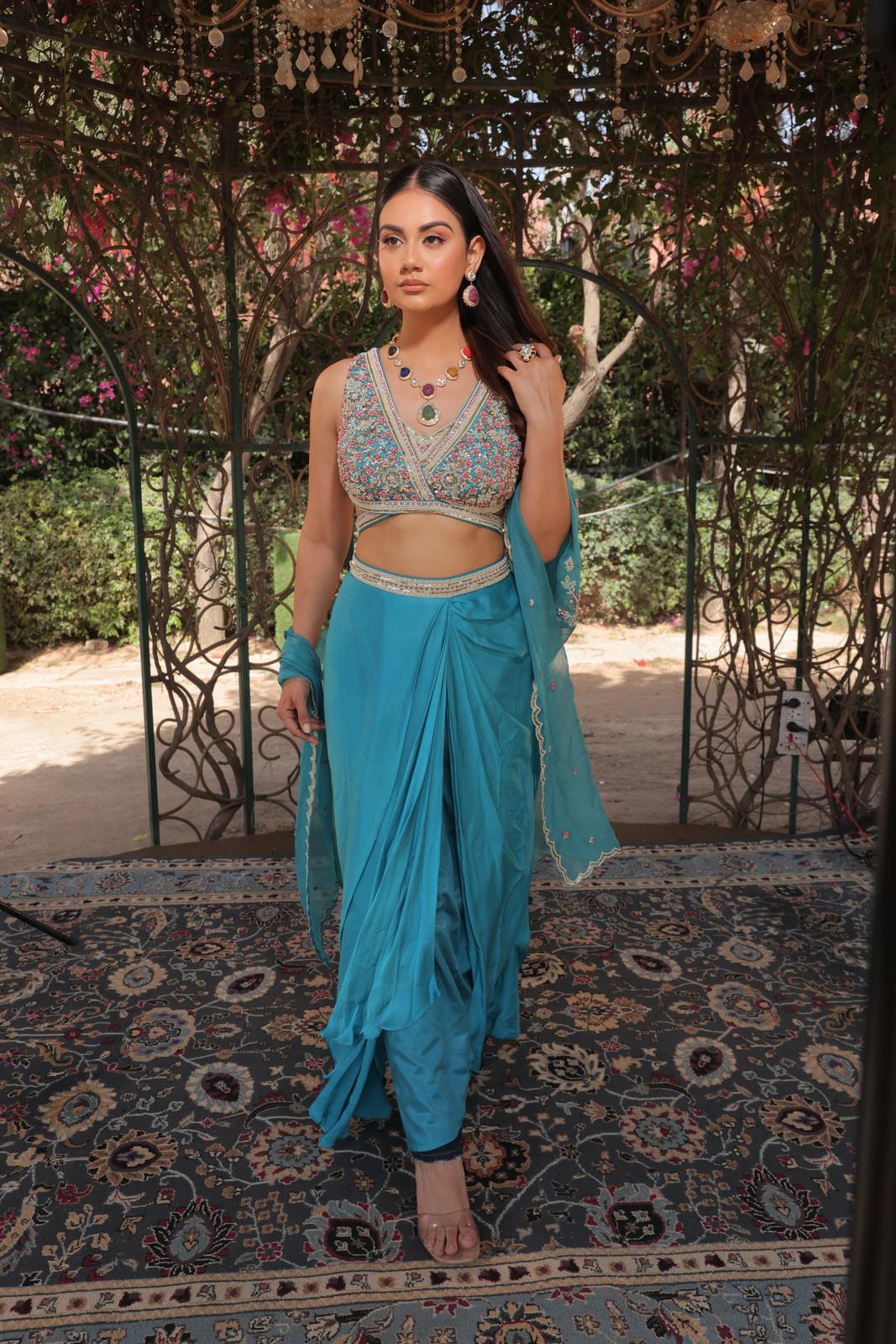 Celestial Bloom Fuchsia Blue Dhoti Skirt Set