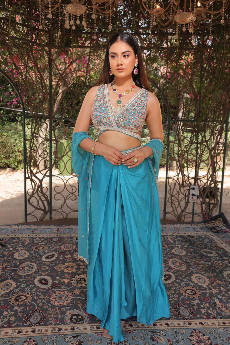 Celestial Bloom Fuchsia Blue Dhoti Skirt Set