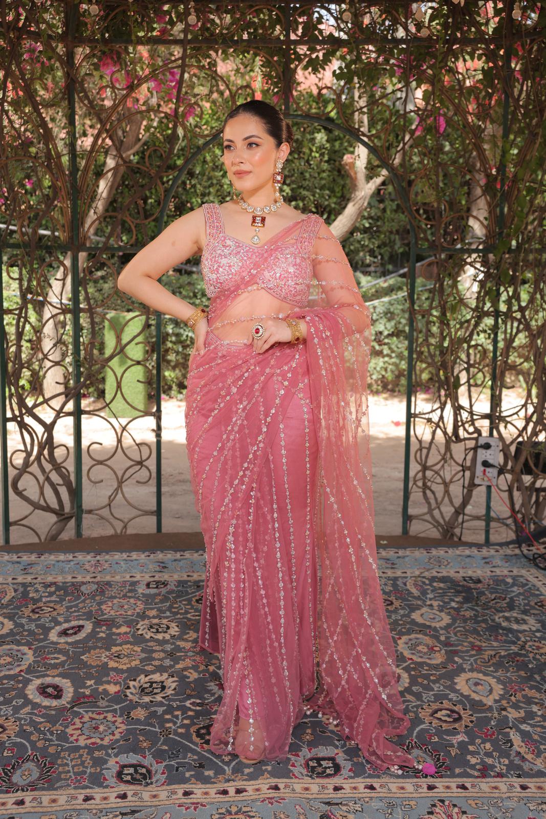 Gulshine – Carrot Pink Embroidered Saree