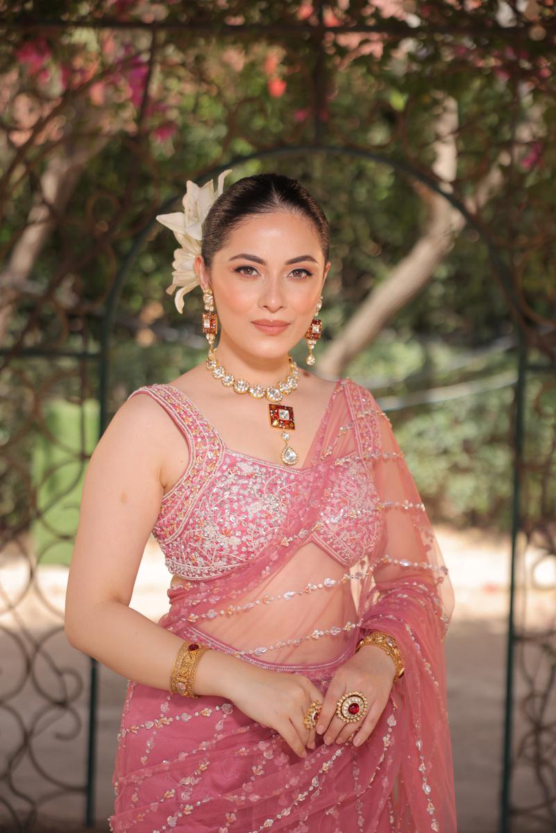 Gulshine – Carrot Pink Embroidered Saree