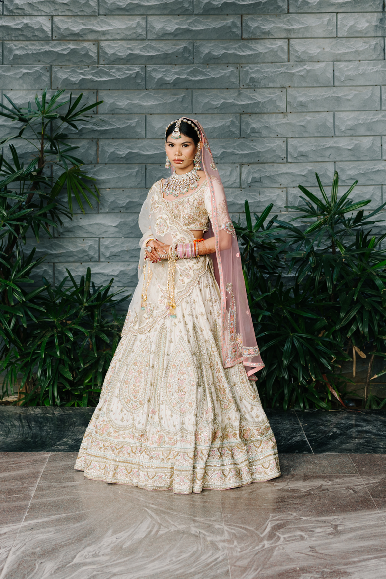 Cream Zardozi Lehenga in Dora Silk